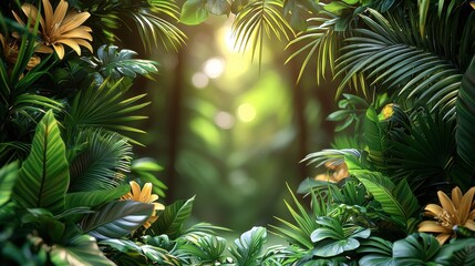 Lush Tropical Jungle Foliage with Sunlight Streaming Through Leaves