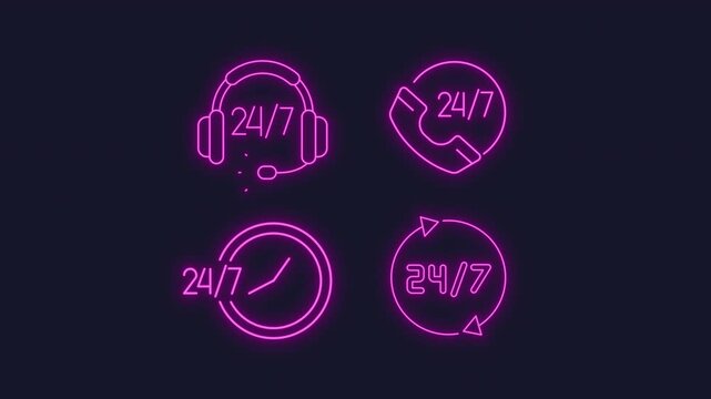 24 by 7 support neon animation set. Customer guidance animated icons glow effect. Call service, assistance. Dynamic overlays on dark background. HD video with alpha channel. Motion graphic