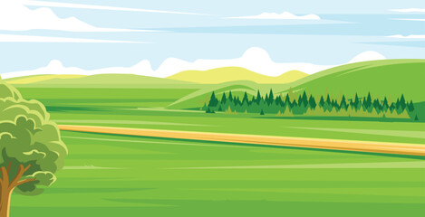 Obraz premium A winding dirt road leads through a vast green field towards a distant forest.