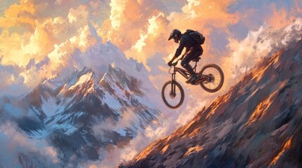 Naklejka premium Epic Mountain Biking Adventure: A Cyclist Soaring Through Majestic Peaks at Sunset