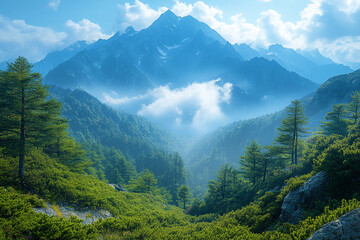 Fototapeta premium Majestic Mountains and Lush Green Valley Landscape