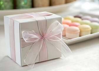 Elegant gift box with pink ribbon and assorted macarons on white table.
