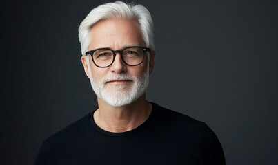 Obraz premium Senior man with gray hair and beard poses confidently against dark background