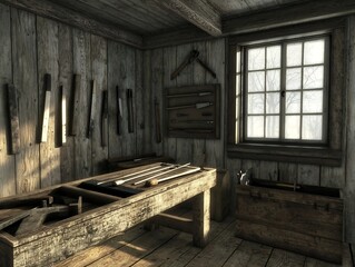 Abandoned Rustic Wooden Workshop with Vintage Tools and Worn Out Furnishings