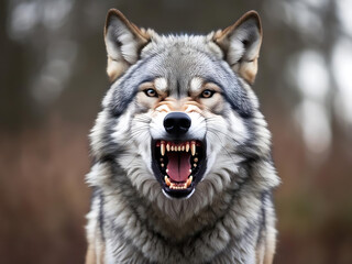 Obraz premium Fierce wolf roaring forest clearing wildlife photography natural habitat close-up mean wolf concept