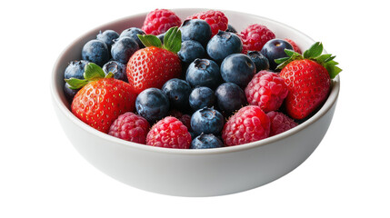 A colorful collection of fresh strawberries, blueberries, and raspberries fills a white bowl, celebrating the joys of summer with vibrant flavors and healthy goodness, perfect for snacking