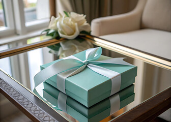 Elegant turquoise gift box with white ribbon on mirrored tabletop near window.
