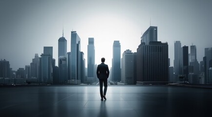 Plakat Business man standing near cityscape. The concept of business, city life and future. Business technology concept. Businessman on future city background and futuristic skyscrapers.