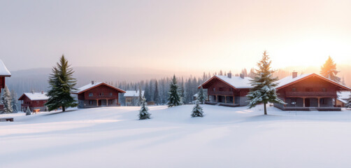 A serene winter wonderland scene of the Seefeld Plateau, blanketed in pristine snow, with rustic wooden chalets and evergreen pine trees standing tall beneath a gentle, golden morning light.