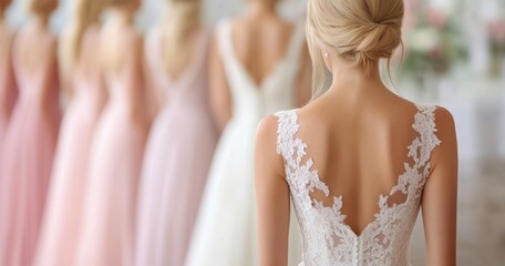 Fototapeta premium Bride preparing for wedding in elegant dress with bridesmaids in soft gowns at venue