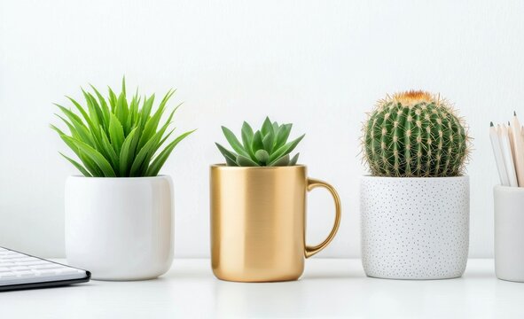 Cozy workspace with a cup of coffee surrounded by green plants and a keyboard