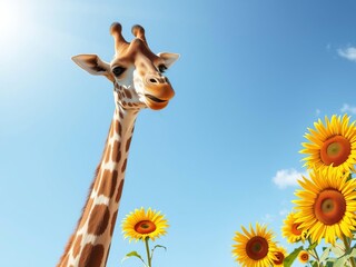 A cheerful giraffe basking in the sun with a smile on its face, surrounded by vibrant yellow sunflowers, sunshine, wild