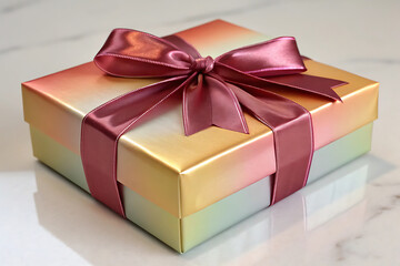 Pastel gift box with satin ribbon on marble background.
