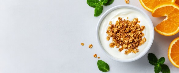 Healthy breakfast bowl with yogurt, granola, and fresh oranges on a light background