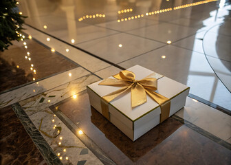 Elegant gift box with gold ribbon on marble floor in holiday setting.