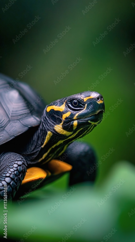 Poster close up of a colorful turtle resting on greenery in a lush habitat