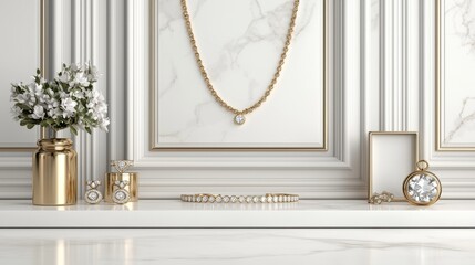 Elegant Display of Luxurious Jewelry on Marble Surface with Floral Arrangement