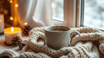 A cozy cup of hot tea wrapped in a warm scarf, perfect for a chilly winter day, tea, drink