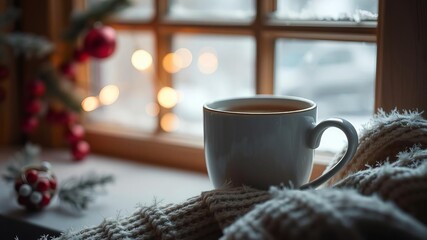 A cozy cup of tea and a warm sweater sitting on a frosty winter window sill, creating a cozy home ambiance for the holiday season, weather, cozy