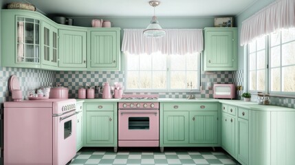 A 1950s pastel kitchen featuring mint green cabinets