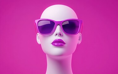 A clean and vibrant pop art scene featuring a white mannequin head wearing bright purple glasses, with a striking pink background