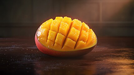 A ripe mango sliced open with juicy flesh, sitting on a dark wooden table, Generative AI