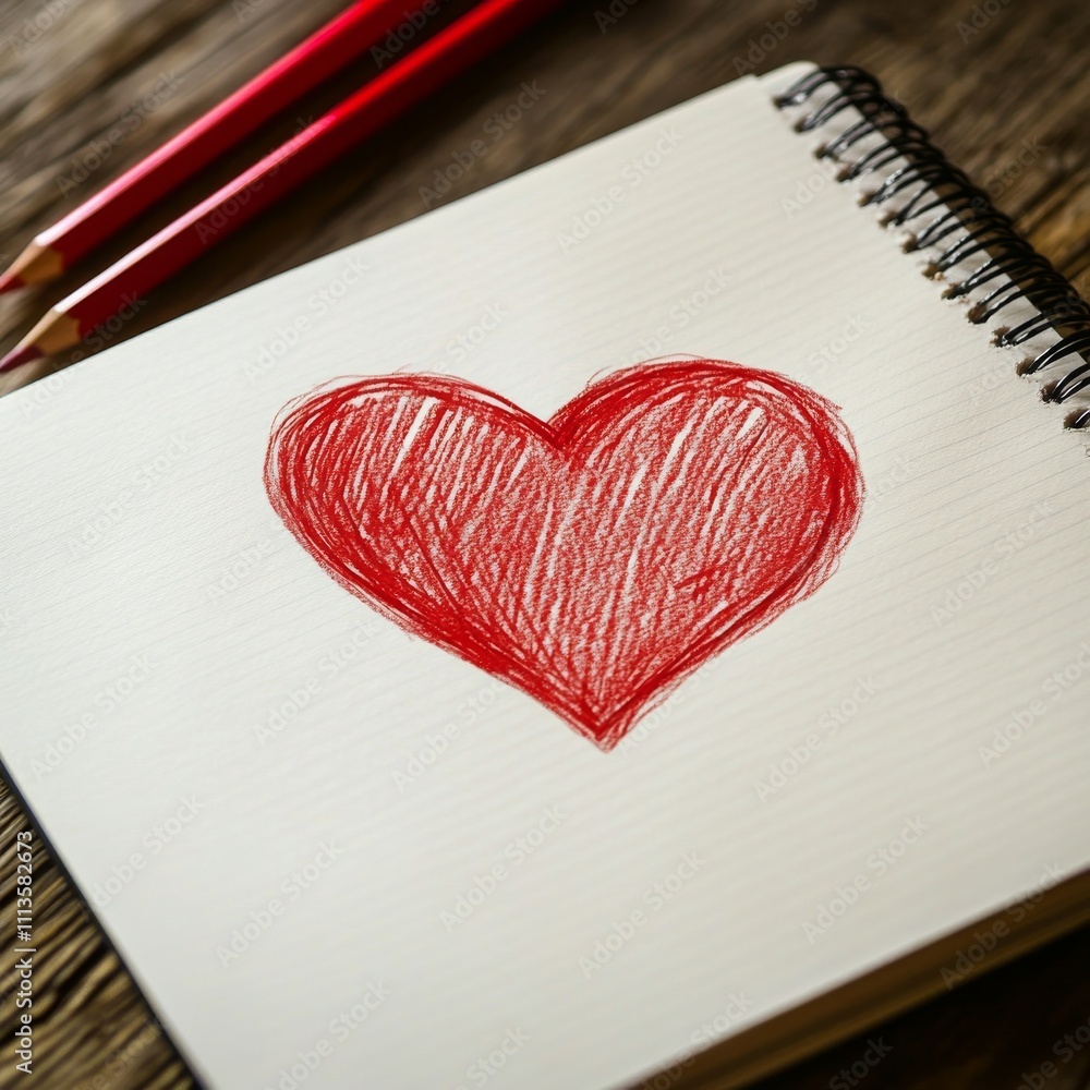Poster simple heart drawing on blank notebook page with colored pencils ready to use
