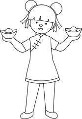 Cute Chinese new year little girl holding gold ingot outline.
Happy Chinese lunar new year. 
Transparent background.