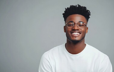 Obraz premium Smiling man dressed in white shirt with relaxed pose against gray background