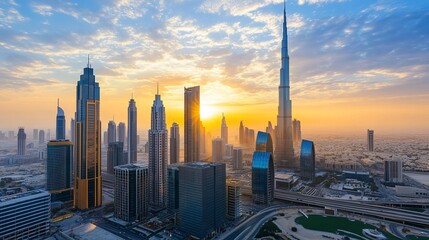 Naklejka premium Dubai skyline at sunrise, modern skyscrapers, city panorama, urban landscape, urban