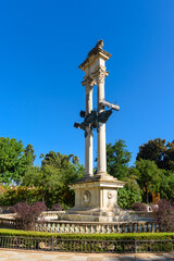 Seville, Spain - August 01, 2024: Murillo Gardens and Christopher Columbus Monument in Seville.