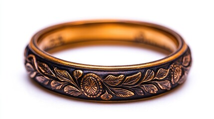 Intricate floral engraved wedding ring artisan workshop jewelry photography studio setting close-up view romantic symbolism