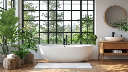Fototapeta premium Modern Bathroom with Bathtub and Natural Light from Large Windows