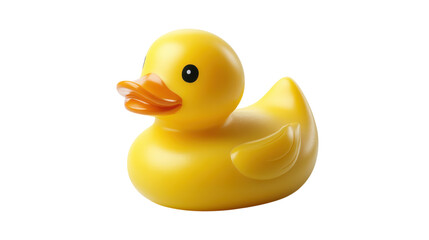 A bright yellow rubber duck bobbing in clear water, surrounded by bubbles and bath toys. It's a delightful addition to any child's bath time, evoking smiles and laughter