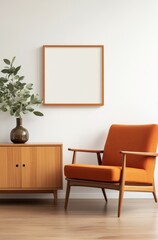 Stylish modern living room with wooden furniture and empty frame for artwork