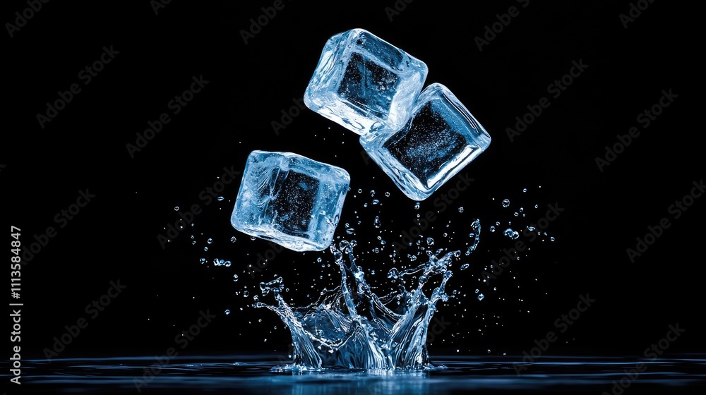Poster dynamic ice cubes falling into water splash studio photography dark background close-up refreshing c