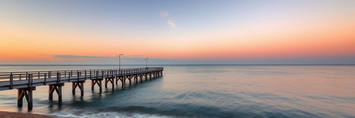 Obraz premium A picturesque pier over clear waters elegantly framed by a sunset with the tranquil sea reflecting the colorful sky, nature, pier