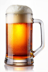 Mug of amber beer with frothy top in soft lighting