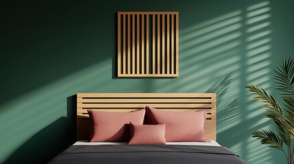 Modern Bedroom Interior with Green Walls and Minimalist Wooden Decor Elements