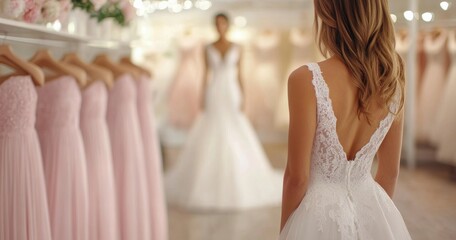 Stunning bride stands with bridesmaids in soft pastel dresses in a bridal shop setting