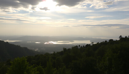 Sunset Over Lake and Mountains,