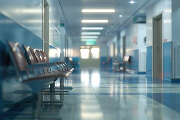Fototapeta premium Blurred abstract background of hospital interior waiting hall