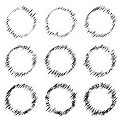 Rough circle icons. Grunge round shapes. Abstract circular lines. Black jagged circles.