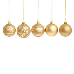 Set of Five Gold Christmas Ornaments Hanging on Strings - Festive Holiday Decorations with Glitter and Matte Finishes
