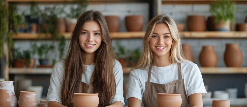 Young women engaged in pottery making at a creative studio with various clay pieces on display