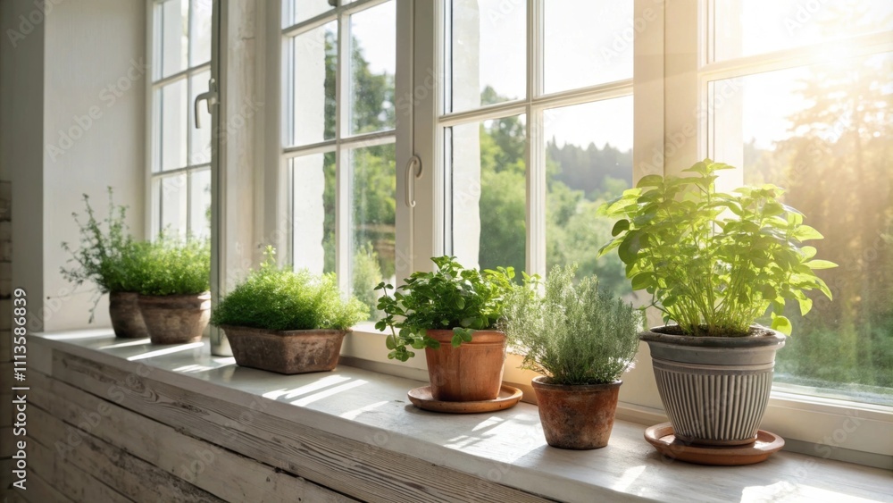 Poster light streams through generously sized windows enhancing the bright environment. potted herbs on the