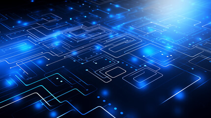 Fototapeta premium An intricate digital design featuring a network of glowing blue lines and geometric shapes on a dark background. This artwork is ideal for tech-related themes, backgrounds, or digital interfaces.