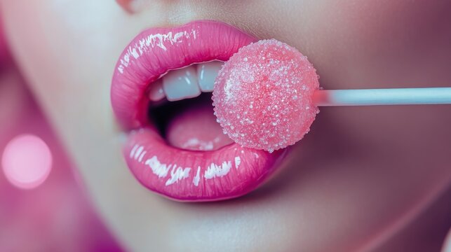 Bright pink lips hold a sugary lollipop against a colorful background in vibrant lighting