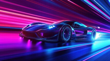 futuristic neon sports car speeding through a cyber highway
