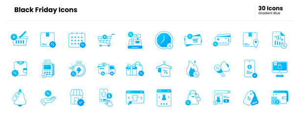 Black friday icon set. black friday, discount, e-commerce, online shop, promotion, advertising, offer, sale, business, store, marketing, event, shopping. Vector gradient blue icon illustration